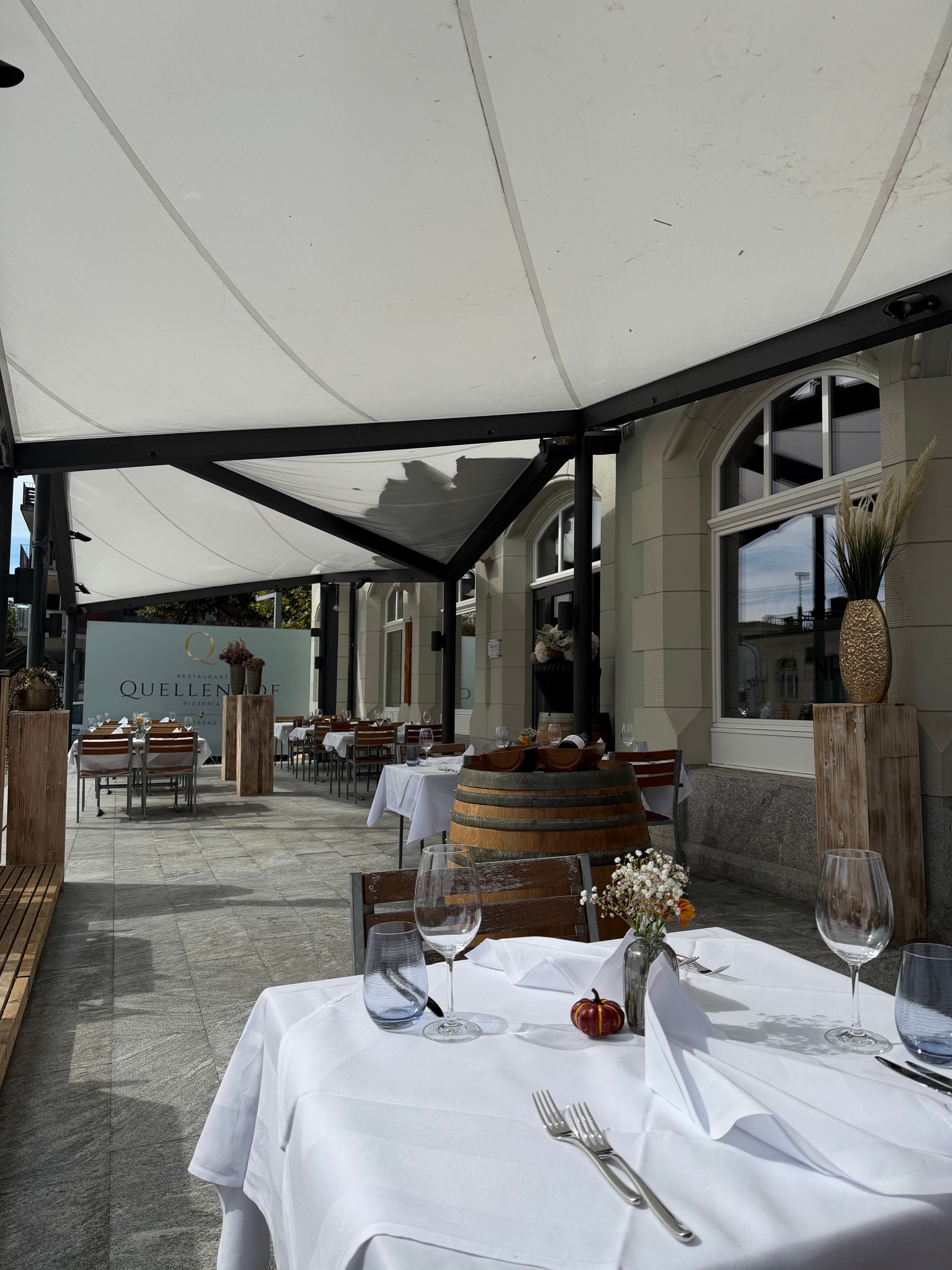 Die Terrasse unter dem Sonnendach, Tische bis zum Ende der Reihe